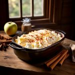 golden brown casserole filled with cottage cheese garnished with slices of apple and sprinklings of1