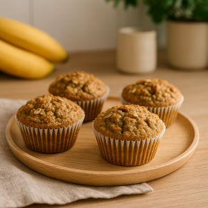 Frisch gebackene High Protein Airfryer Muffins mit Banane und Haferflocken – gesund, fluffig und perfekt zum Frühstück.