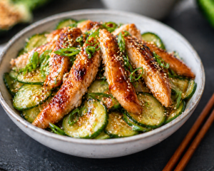 Proteinreicher Gurkensalat mit Hähnchen 35g Eiweiß 1 Proteinreicher Gurkensalat mit Sesam-Hähnchen auf weißem Teller