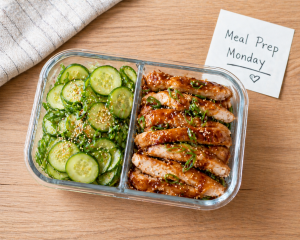 Proteinreicher Gurkensalat mit Hähnchen 35g Eiweiß 4 Proteinreicher Gurkensalat mit Sesam-Hähnchen in Meal-Prep-Box