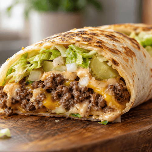 Knusprige Big Mac Rolle mit Hackfleisch, Käse, Gurken und Burgersauce