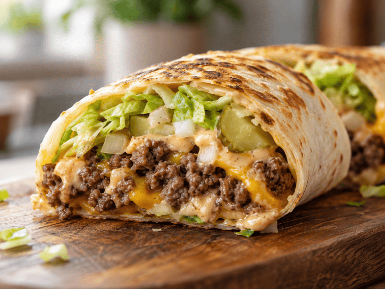 Knusprige Big Mac Rolle mit Hackfleisch, Käse, Gurken und Burgersauce