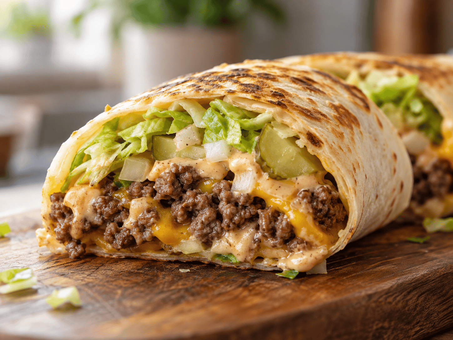 Knusprige Big Mac Rolle mit Hackfleisch, Käse, Gurken und Burgersauce