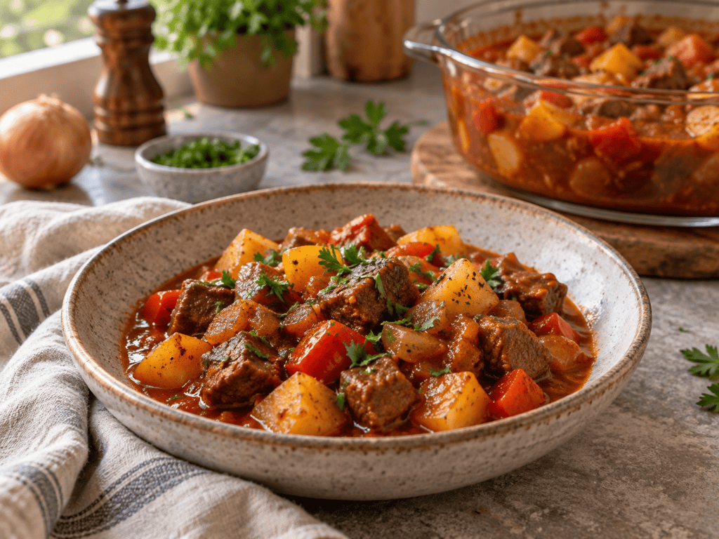 Paprika Gulasch mit Kartoffelwürfeln