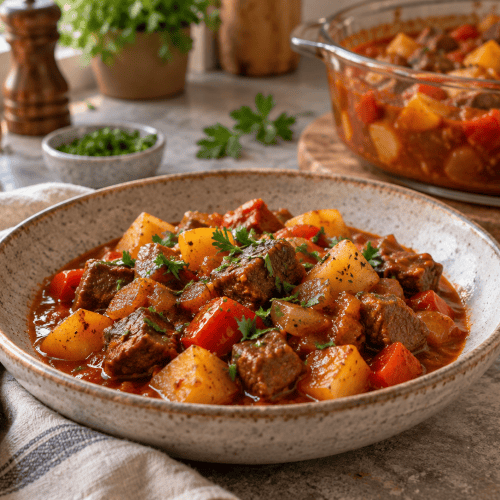 Paprika Gulasch mit Kartoffelwürfeln