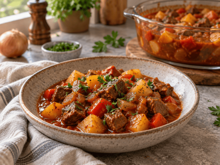 Paprika Gulasch mit Kartoffelwürfeln