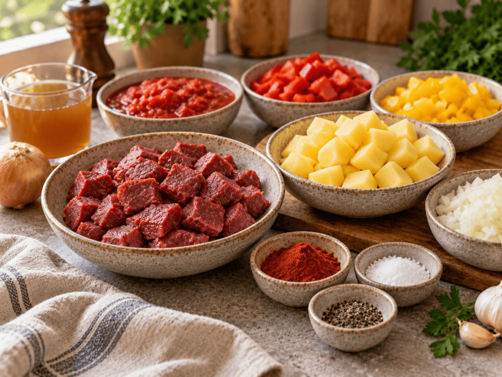 Paprika Gulasch mit Kartoffelwürfeln