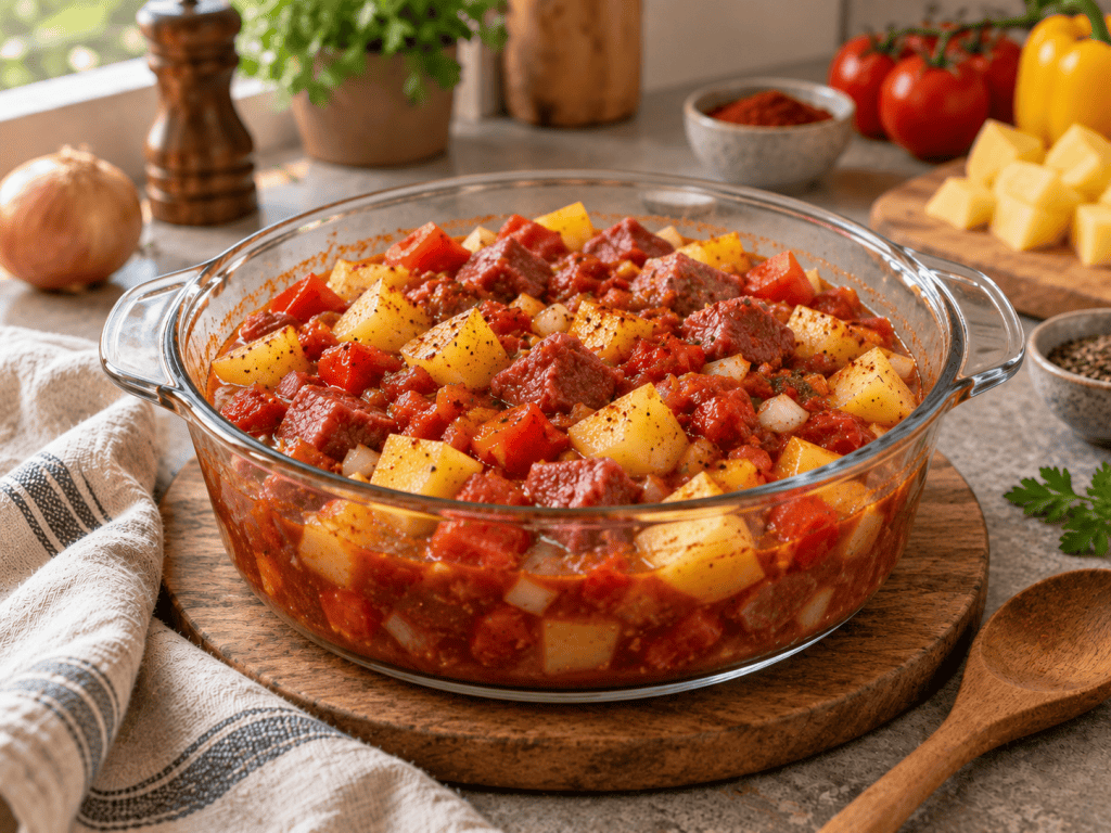 Paprika Gulasch mit Kartoffelwürfeln