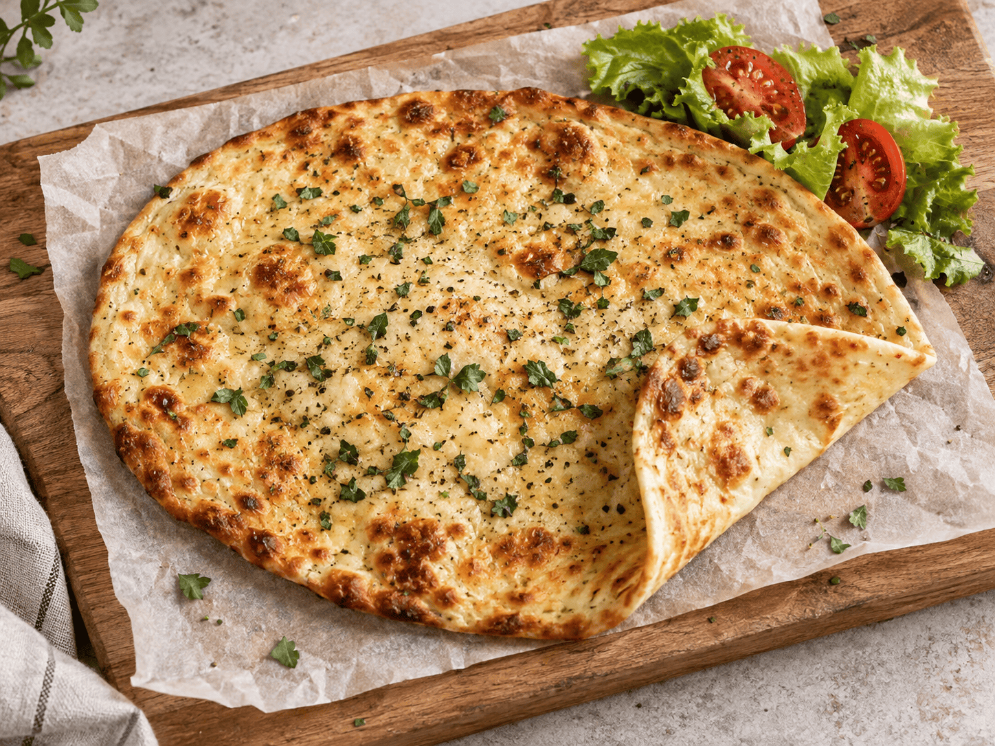Cottage Cheese Flatbread aus dem Airfryer auf einem Teller mit frischem Gemüse