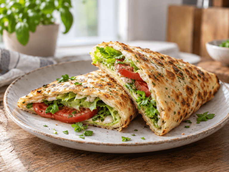Cottage Cheese Flatbread aus dem Airfryer auf einem Teller mit frischem Gemüse