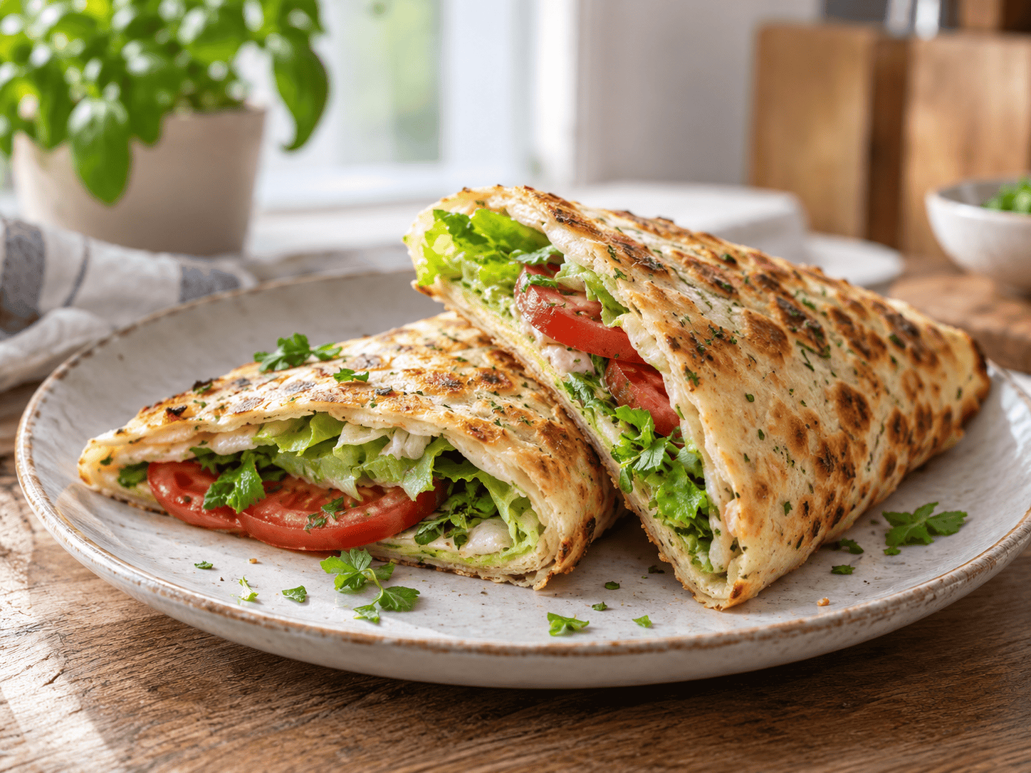 Cottage Cheese Flatbread aus dem Airfryer auf einem Teller mit frischem Gemüse