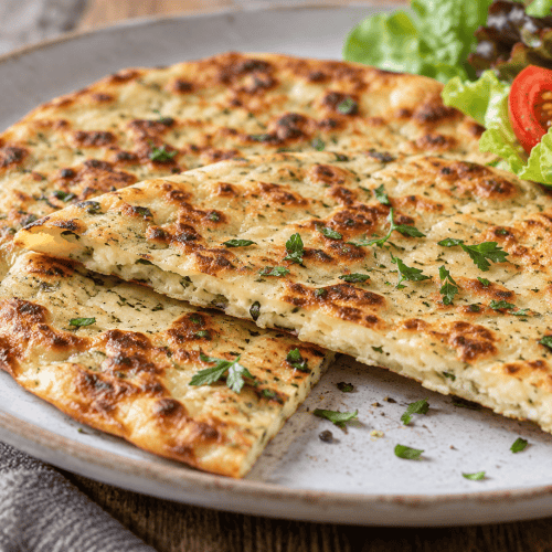 Cottage Cheese Flatbread aus dem Airfryer auf einem Teller mit frischem Gemüse