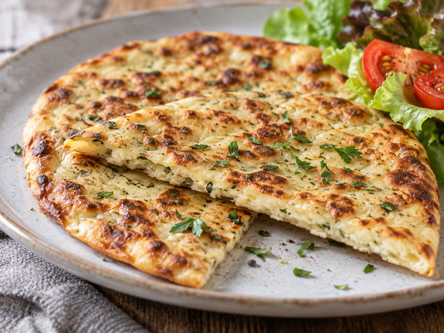 Cottage Cheese Flatbread aus dem Airfryer auf einem Teller mit frischem Gemüse