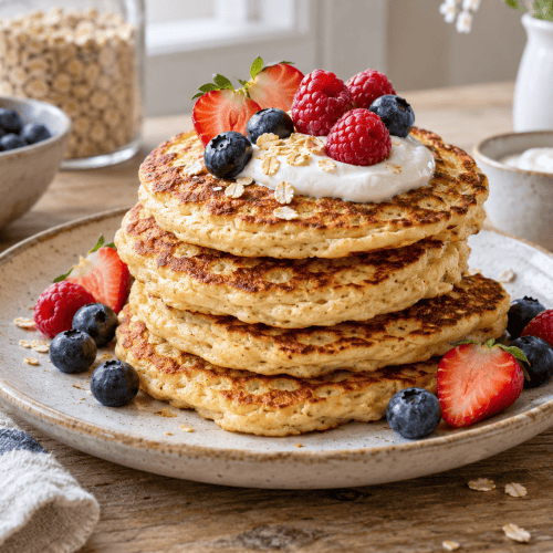 Fluffige Protein Pancakes ohne Proteinpulver mit Skyr, Banane und Beeren