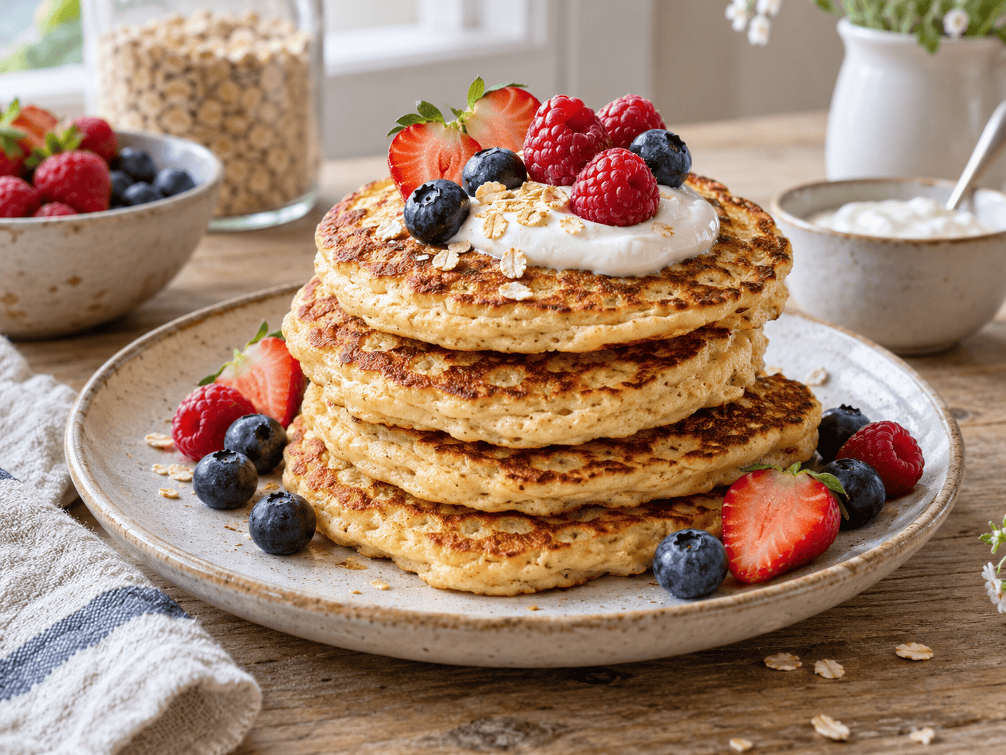 Protein Pancakes ohne Proteinpulver fertig serviert mit Beeren und Skyr