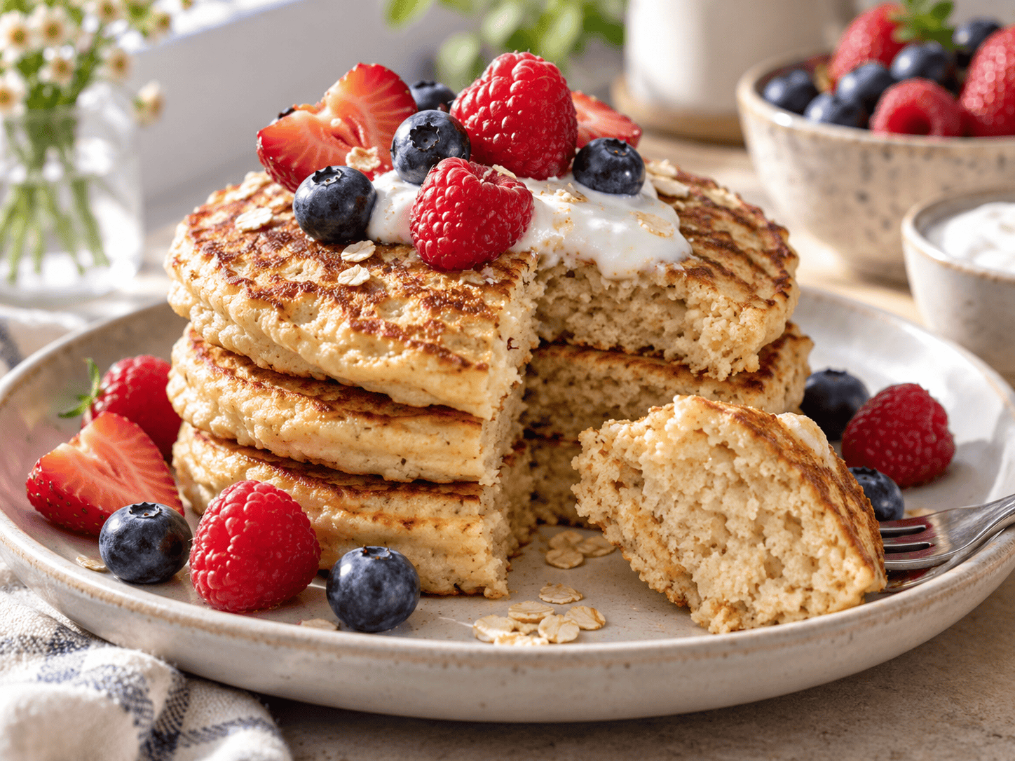Protein Pancakes ohne Proteinpulver mit Skyr Banane und Beeren