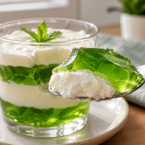 Cremige Götterspeise mit Quark und Joghurt im Glas mit Himbeeren