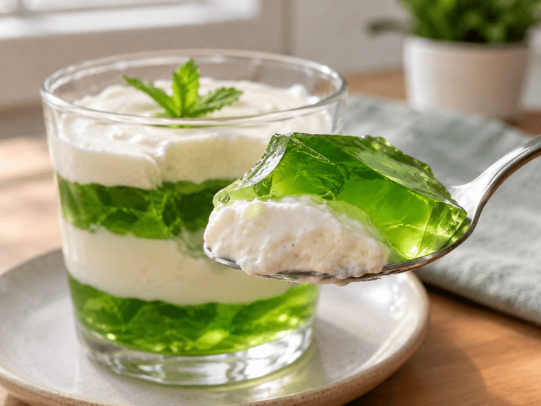 Cremige Götterspeise mit Quark und Joghurt im Glas mit Himbeeren
