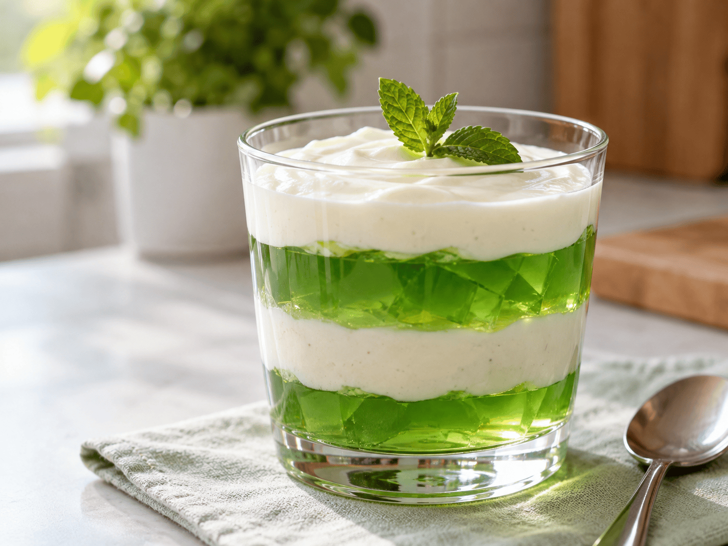 Cremige Götterspeise mit Quark und Joghurt im Glas mit Himbeeren