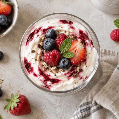 Gesundes Quark-Dessert mit Beeren, Haferflocken und Mandel-Topping im Glas