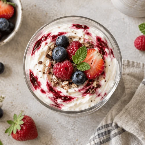 Gesundes Quark-Dessert mit Beeren, Haferflocken und Mandel-Topping im Glas