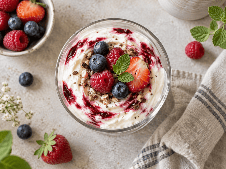 Gesundes Quark-Dessert mit Beeren, Haferflocken und Mandel-Topping im Glas