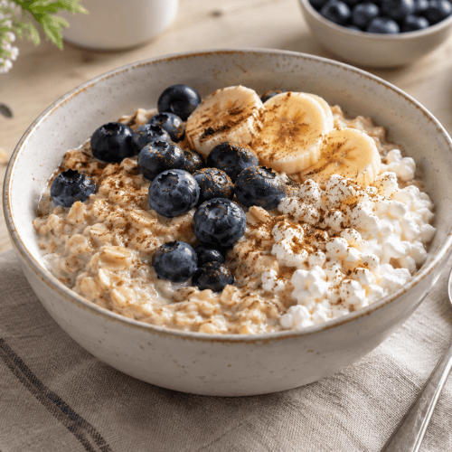 Cremige Haferflockenbowl mit Hüttenkäse, Beeren, Banane und Chiasamen