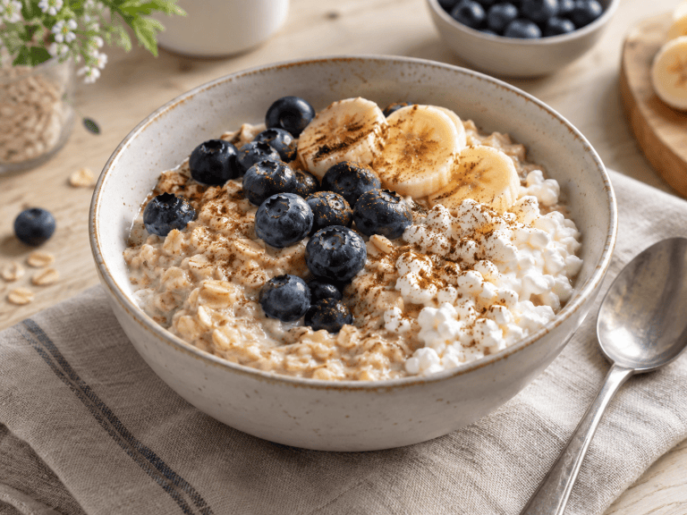 Cremige Haferflockenbowl mit Hüttenkäse, Beeren, Banane und Chiasamen