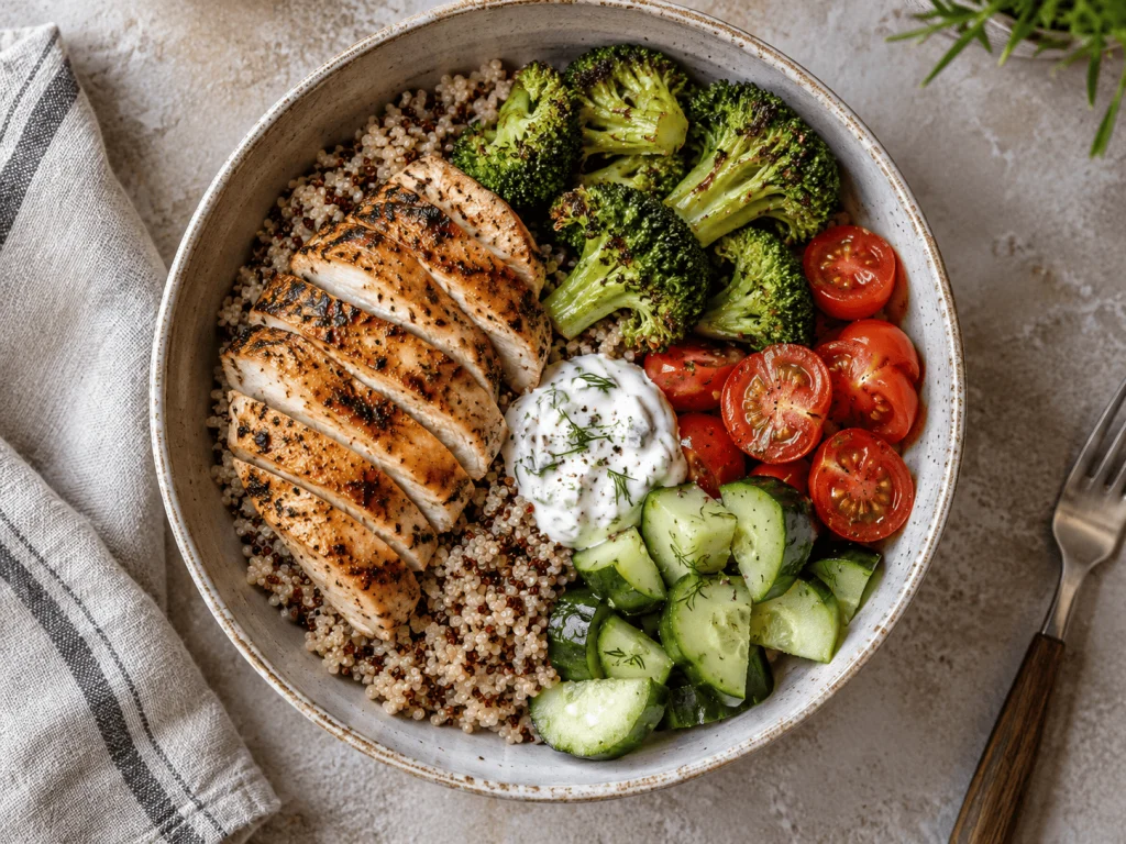 High Protein Bowl mit Quinoa, Hähnchen und frischem Gemüse in Schüssel angerichtet