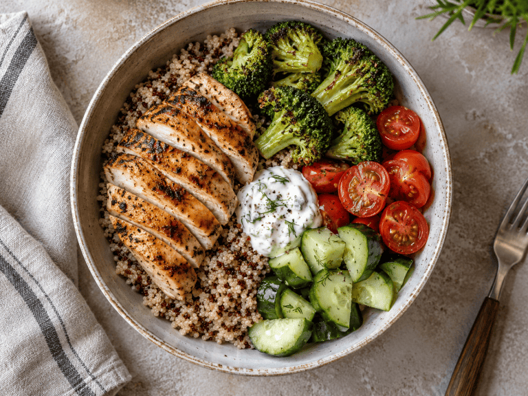 High Protein Bowl mit Quinoa, Hähnchen und frischem Gemüse in Schüssel angerichtet
