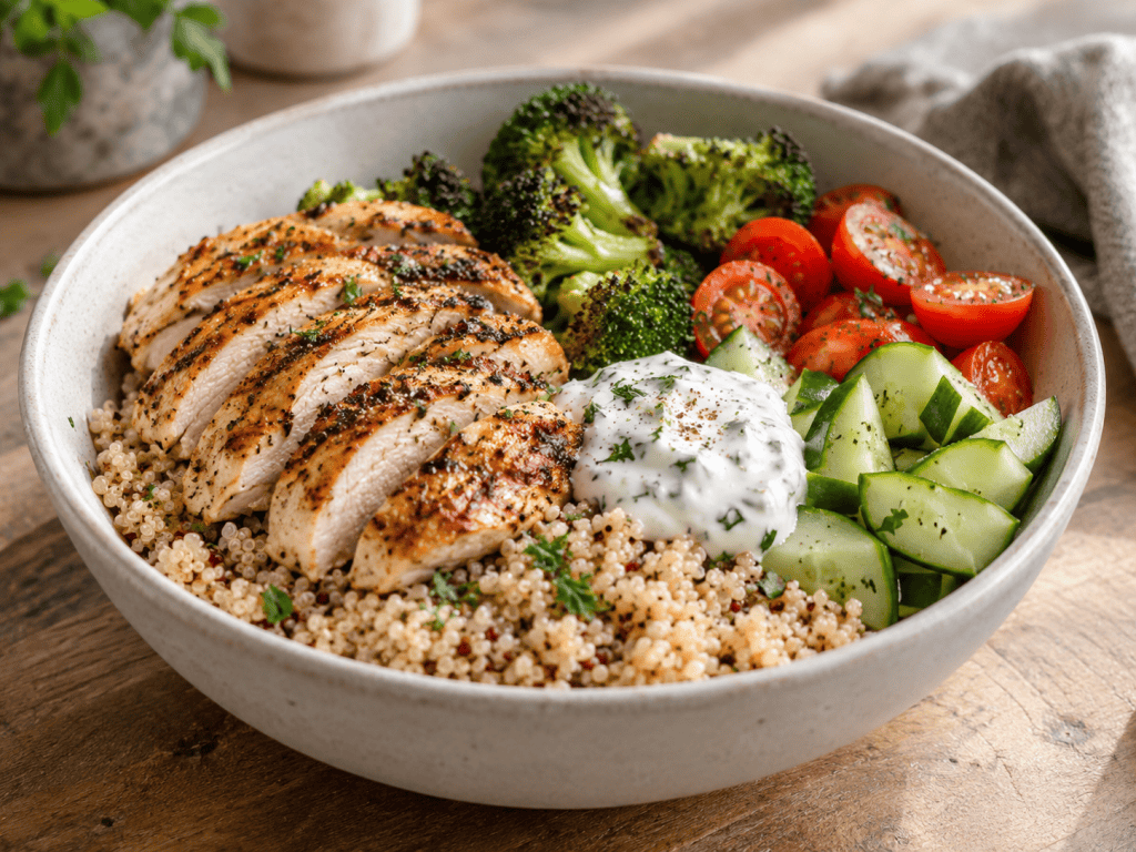 High Protein Bowl mit Quinoa, Hähnchen und frischem Gemüse in Schüssel angerichtet
