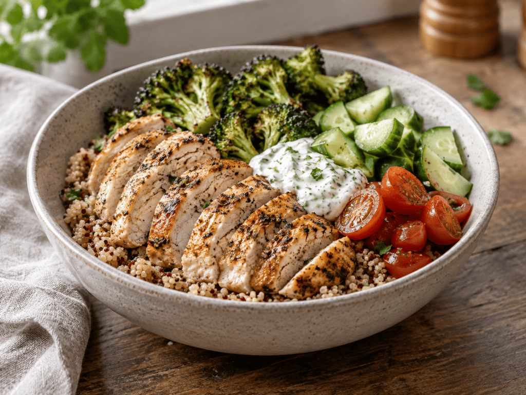 High Protein Bowl mit Quinoa, Hähnchen und frischem Gemüse in Schüssel angerichtet