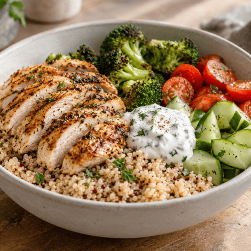High Protein Bowl mit Quinoa, Hähnchen und frischem Gemüse in Schüssel angerichtet
