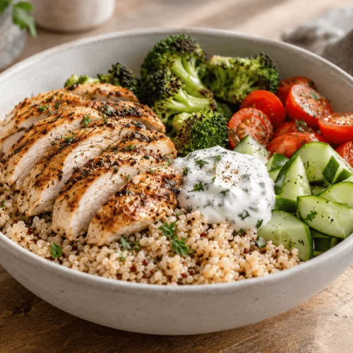 High Protein Bowl mit Quinoa, Hähnchen und frischem Gemüse in Schüssel angerichtet