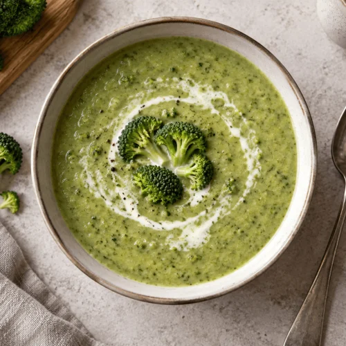 Cremige High Protein Brokkolisuppe mit Skyr, Hüttenkäse und Parmesan in einer Schüssel