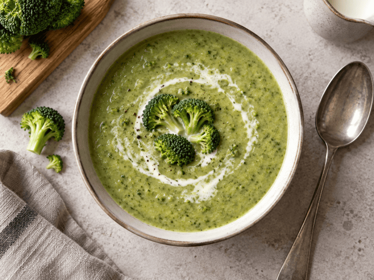 Cremige High Protein Brokkolisuppe mit Skyr, Hüttenkäse und Parmesan in einer Schüssel