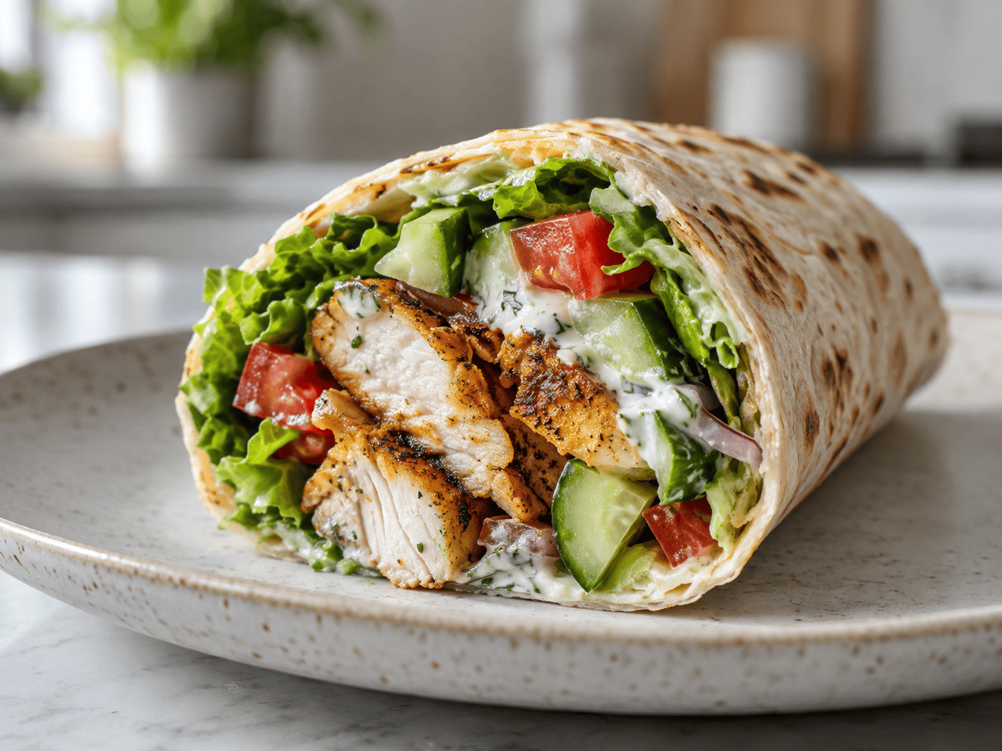 High Protein Hähnchenwrap mit Hähnchenbrust, Gemüse und Skyr Sauce