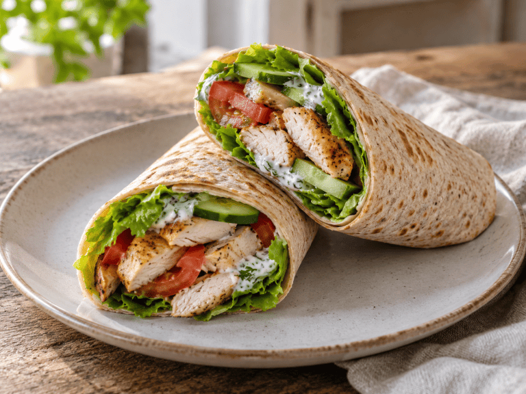 High Protein Hähnchenwrap mit Hähnchenbrust, Gemüse und Skyr Sauce