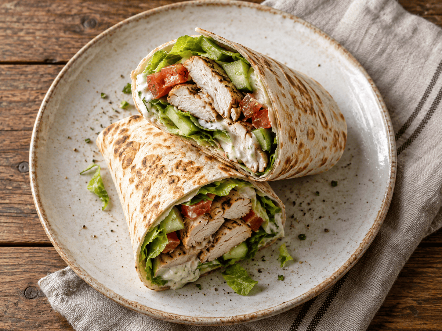 High Protein Hähnchenwrap mit Hähnchenbrust, Gemüse und Skyr Sauce