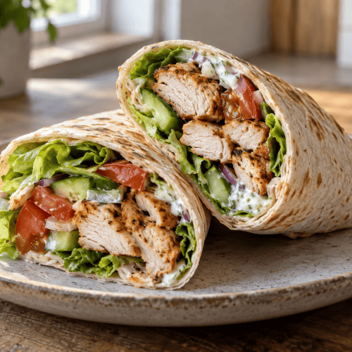 High Protein Hähnchenwrap mit Hähnchenbrust, Gemüse und Skyr Sauce