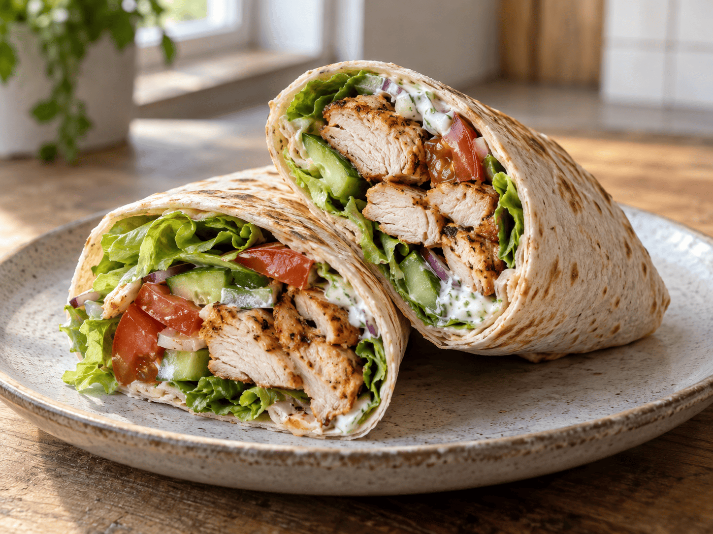 High Protein Hähnchenwrap mit Hähnchenbrust, Gemüse und Skyr Sauce