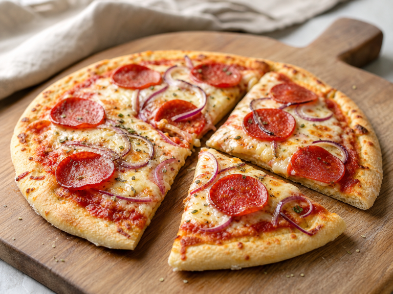 High Protein Low Carb Pizza mit Skyr-Teig, Tomatensauce, Light-Mozzarella und Putenschinken
