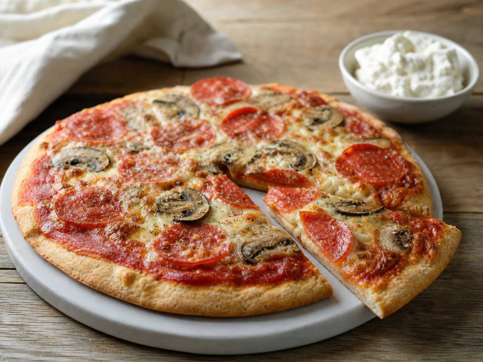 High Protein Low Carb Pizza mit Skyr-Teig, Tomatensauce, Light-Mozzarella und Putenschinken