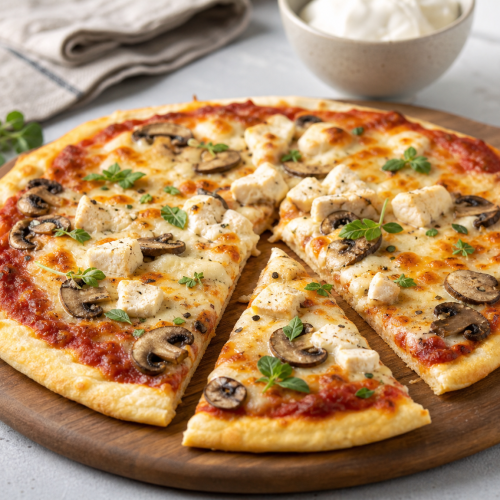 High Protein Low Carb Pizza mit Skyr-Teig, Tomatensauce, Light-Mozzarella und Putenschinken