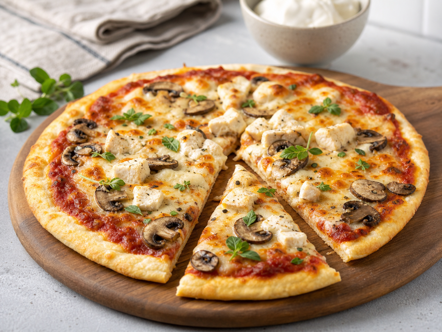 High Protein Low Carb Pizza mit Skyr-Teig, Tomatensauce, Light-Mozzarella und Putenschinken