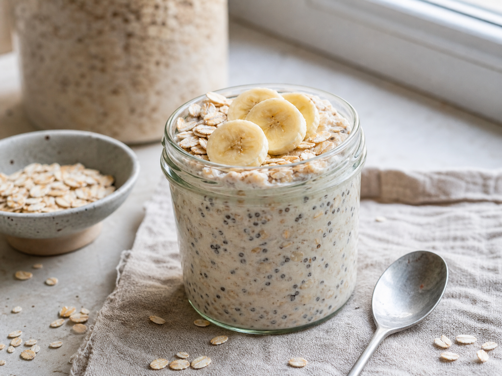 Cremige High Protein Overnight Oats mit Skyr, Beeren und Haferflocken im Glas