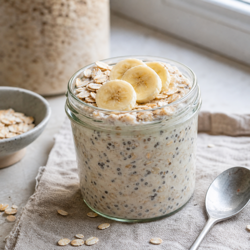Cremige High Protein Overnight Oats mit Skyr, Beeren und Haferflocken im Glas