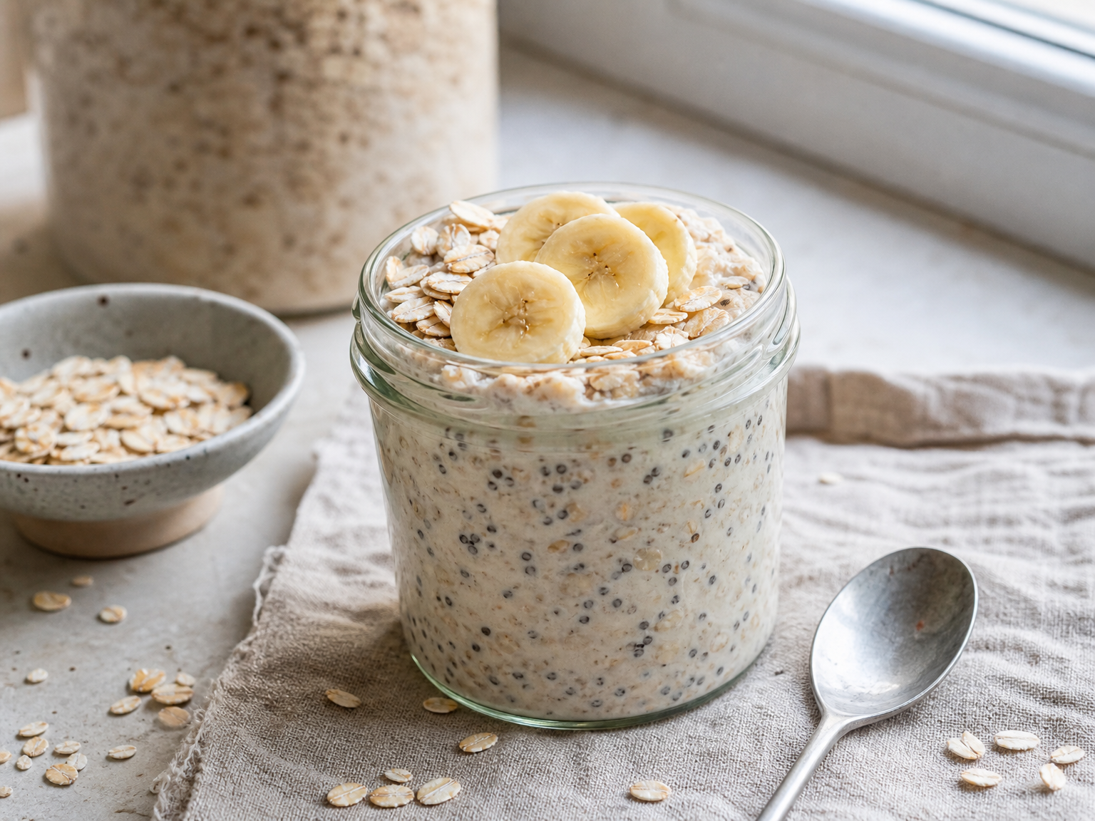 Cremige High Protein Overnight Oats mit Skyr, Beeren und Haferflocken im Glas