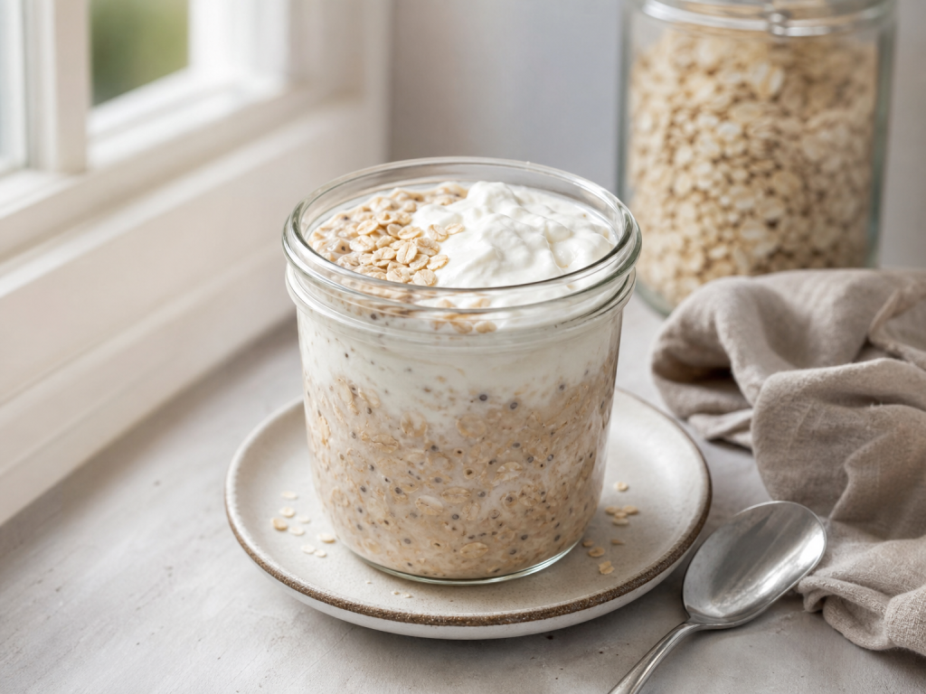 Cremige High Protein Overnight Oats mit Skyr, Beeren und Haferflocken im Glas