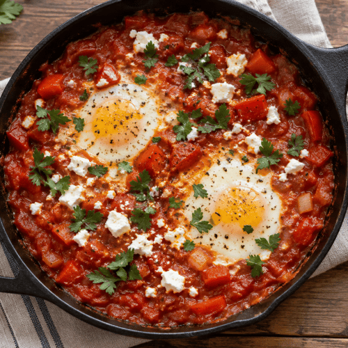 High Protein Schakschuka mit Eiern, weißen Bohnen, Skyr und Tomatensauce in einer Pfanne